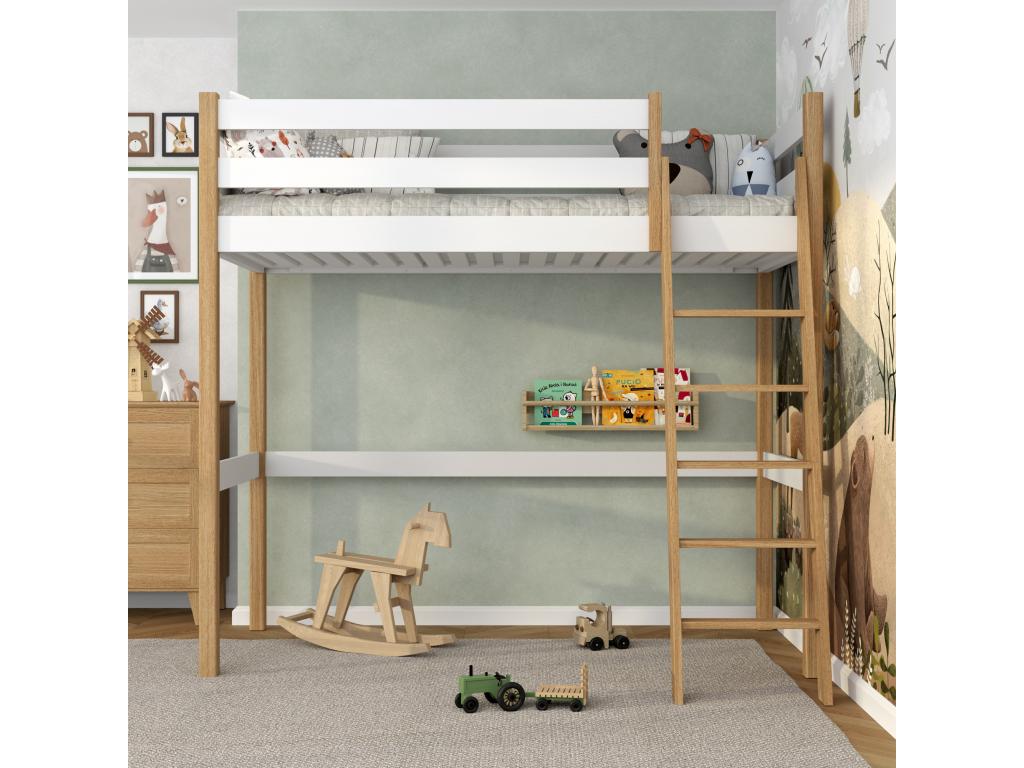 Wooden loft bed N03 White / Natural Oak 120x180