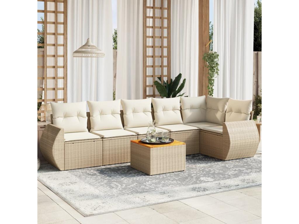 7-piece garden furniture set with cushions, beige woven resin