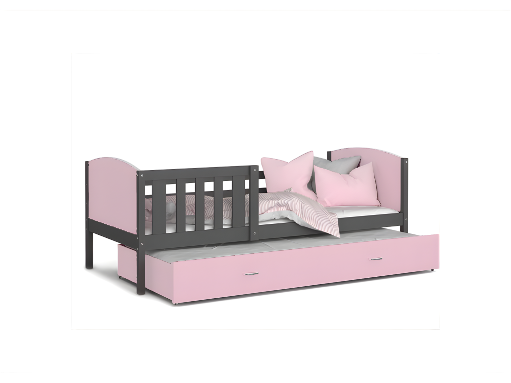 Bohometop Trundle Bed 90x190 Grey - Pink. Comes with slatted bed base, drawer, and 7cm foam mattress. 76488FXZP