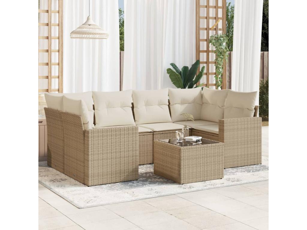 7-piece garden furniture set with cushions, beige woven resin, 82161RFUM