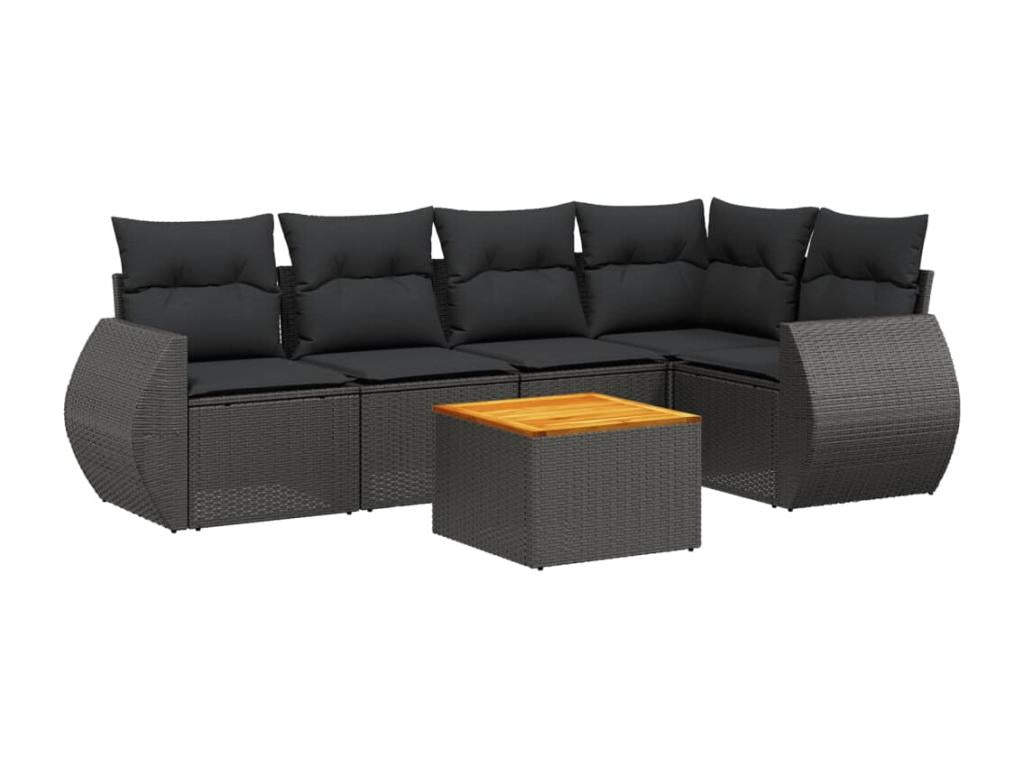 6-piece garden furniture set with cushions, black resin wicker, 65205KDQQ