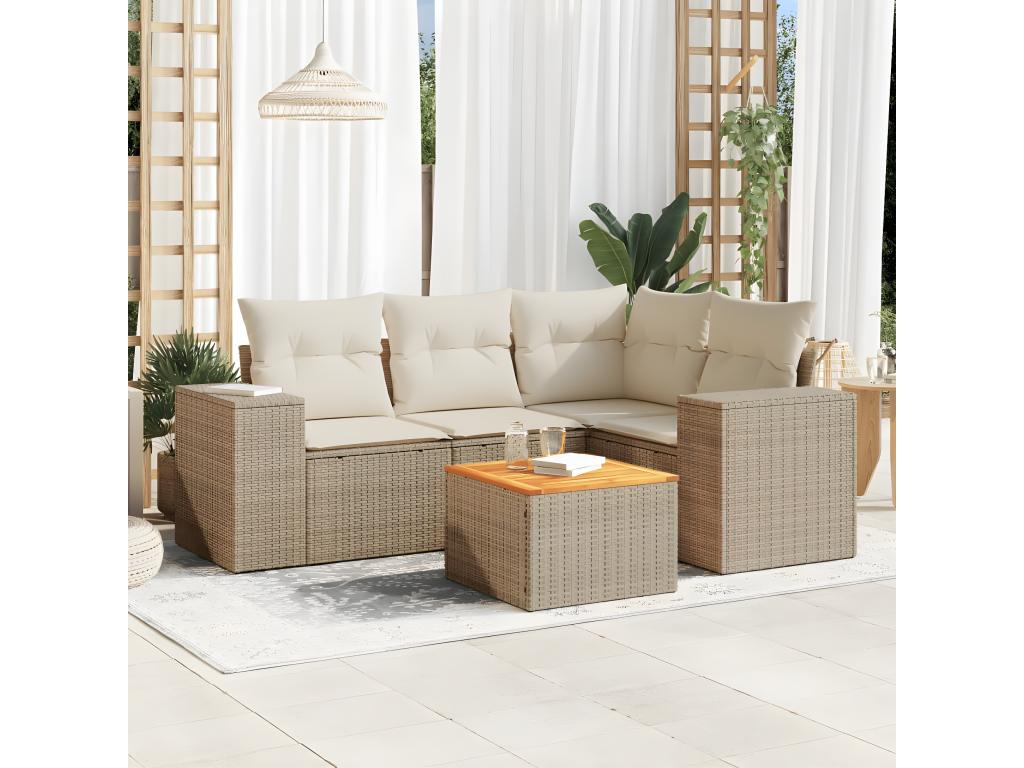 5-piece garden furniture set with cushions, beige woven resin