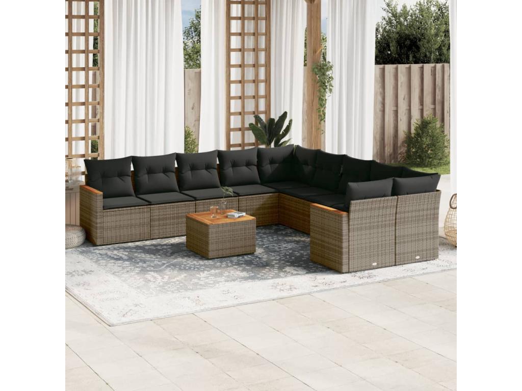 11-piece garden furniture set with grey resin wicker cushions