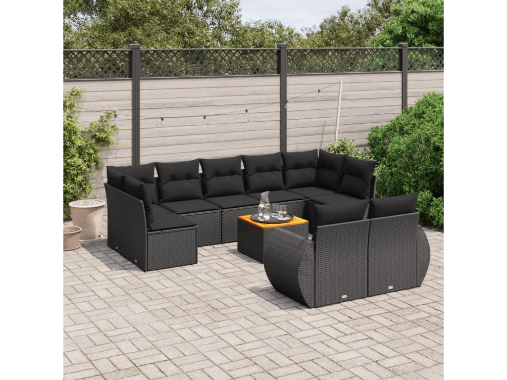 10-piece garden furniture set with cushions, black woven resin