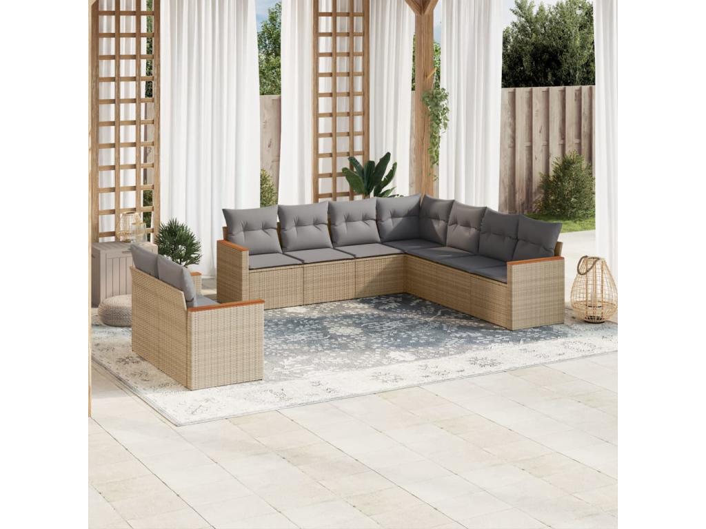 9-piece garden furniture set with cushions, beige wicker resin, 78834IOTK