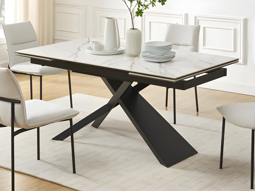 Extendable dining table for 6 to 10 people in ceramic, tempered glass and metal - White and Black marble effect - Bohometop 32621TLJP
