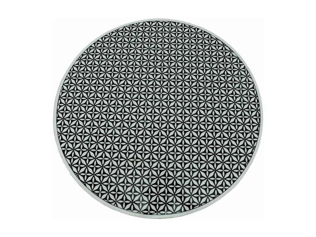 Homelumiere style round coffee table, 71cm, Homelumiere geometric pattern, black and gold legs