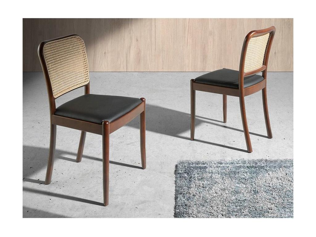 Homelumiere rattan chair in black faux leather and ash wood - Set of 2 - Colour: Homelumiere 75 Anthracite Grey