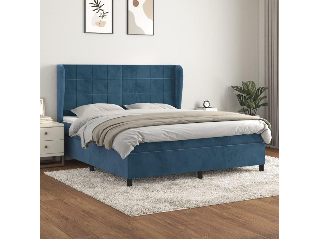 Upholstered bed base and mattress, dark blue, 180x200cm, velvet, 44194WNBZ