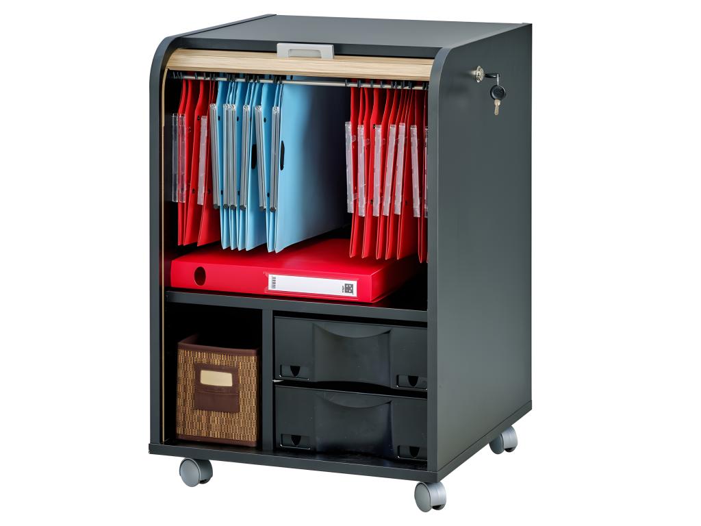 Two-tone black office pedestal with sliding door - Natural Oak finish 64647EMQH