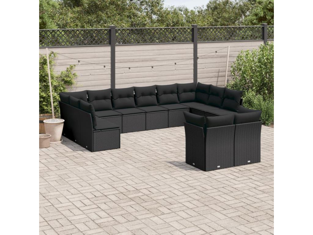 12-piece garden furniture set with cushions, black resin wicker, 86530VYZQ