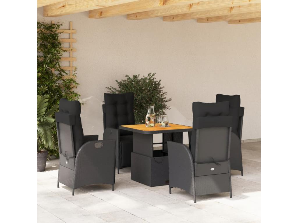5-piece garden dining set with cushions, black woven resin