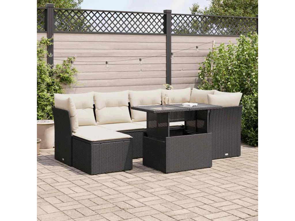 7-piece garden furniture set with cushions, black woven resin