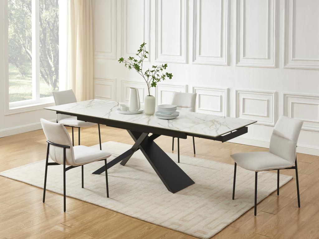 Extendable dining table for 6 to 10 people in ceramic, tempered glass and metal - White and Black marble effect - Bohometop 32621TLJP