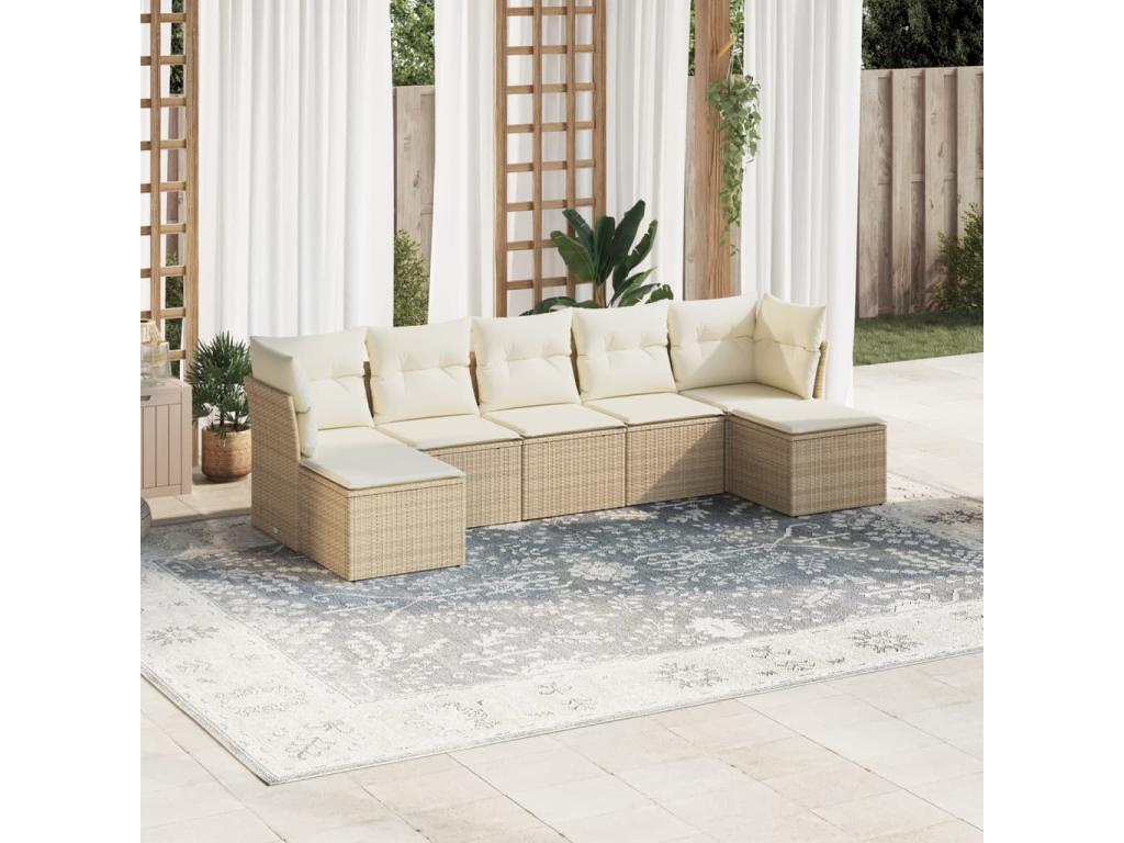 7-piece garden furniture set with cushions, beige wicker resin 03834YQIB