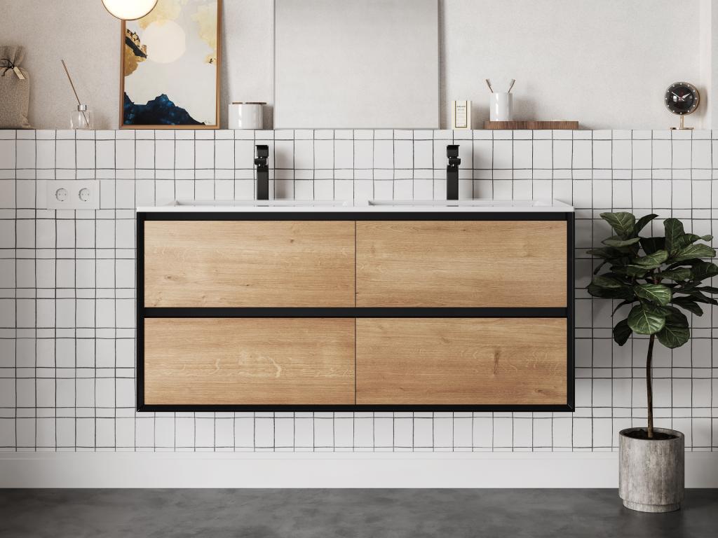 Wall-hung bathroom vanity unit with inset basin - Light natural and black - 120 cm - Homelumiere