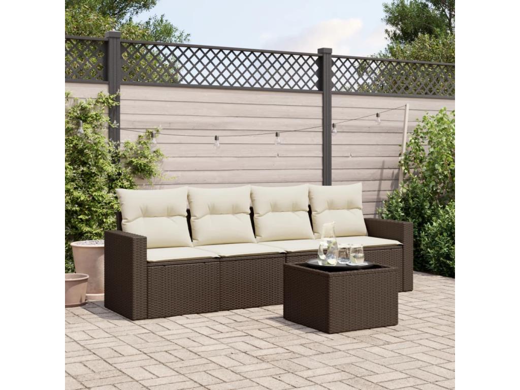 5-piece garden furniture set with cushions, brown woven resin, 57700AMQU