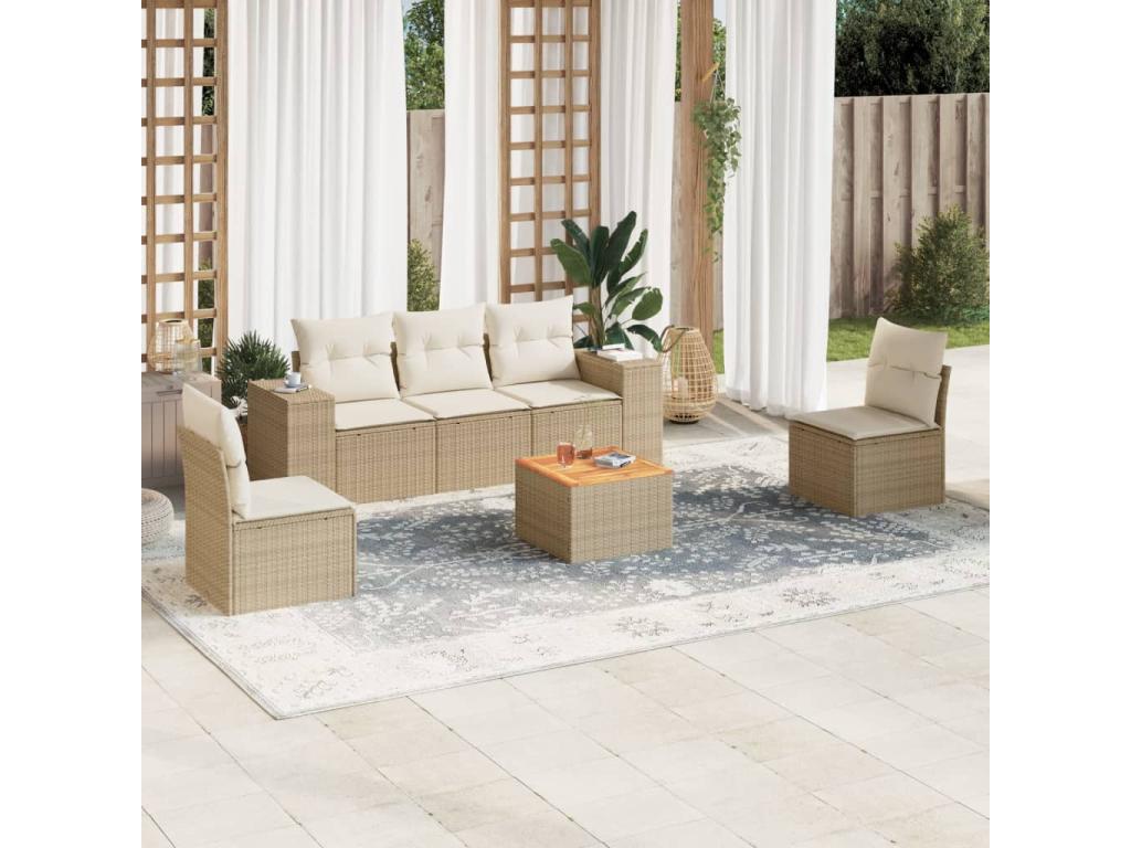 6-piece garden furniture set with cushions, beige woven resin, 69556RDOF