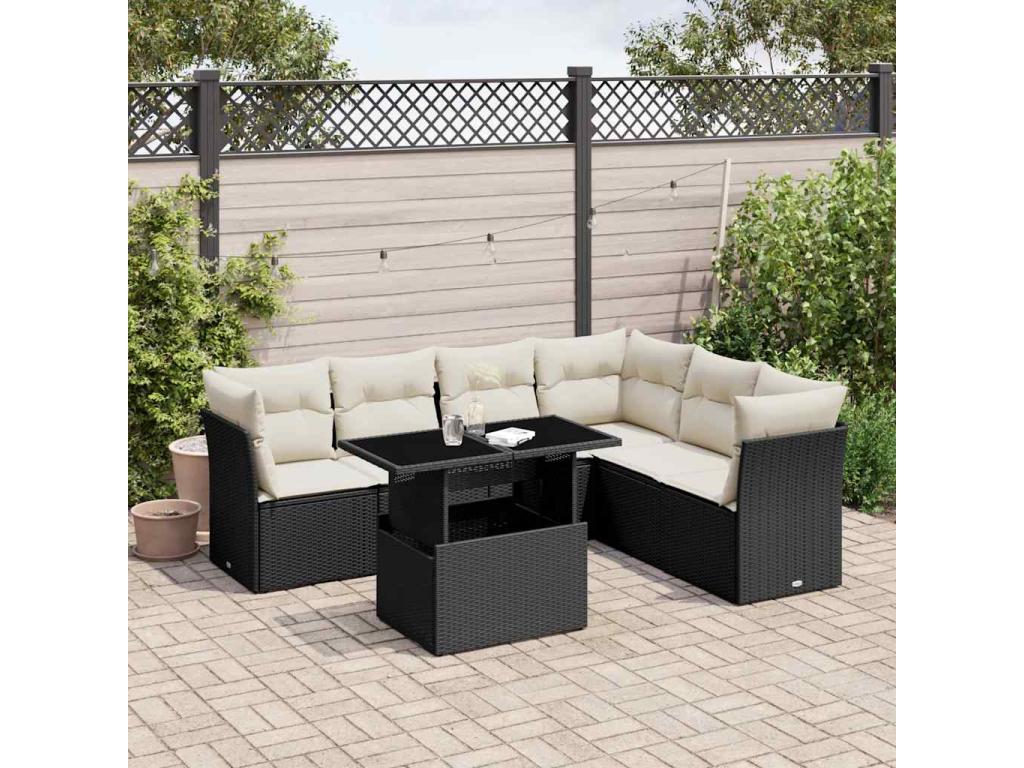 7-piece garden furniture set with cushions, black woven resin