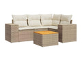 5-piece garden furniture set with cushions, beige woven resin