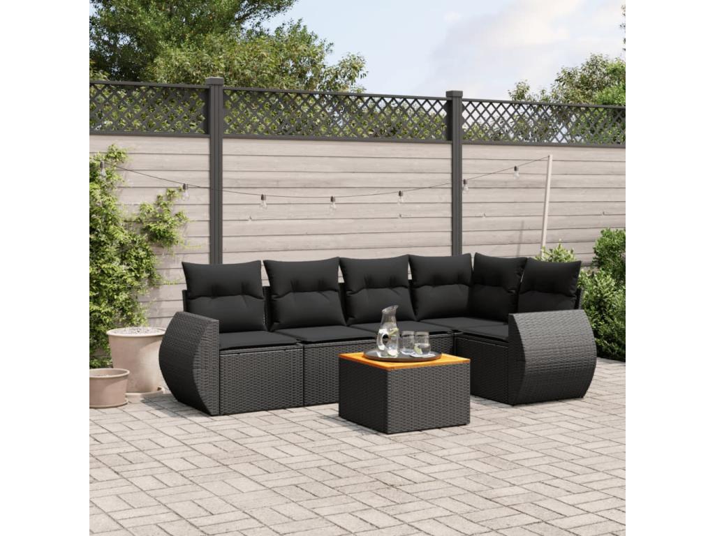 6-piece garden furniture set with cushions, black resin wicker, 65205KDQQ
