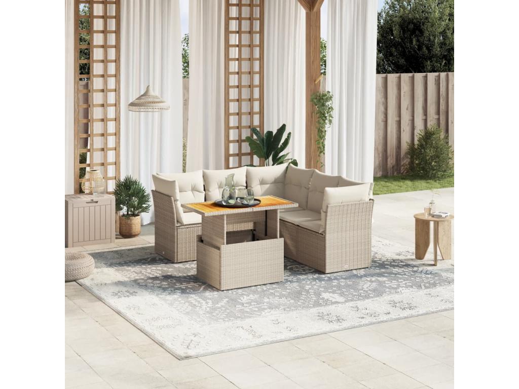 5-piece garden furniture set with cushions, beige woven resin