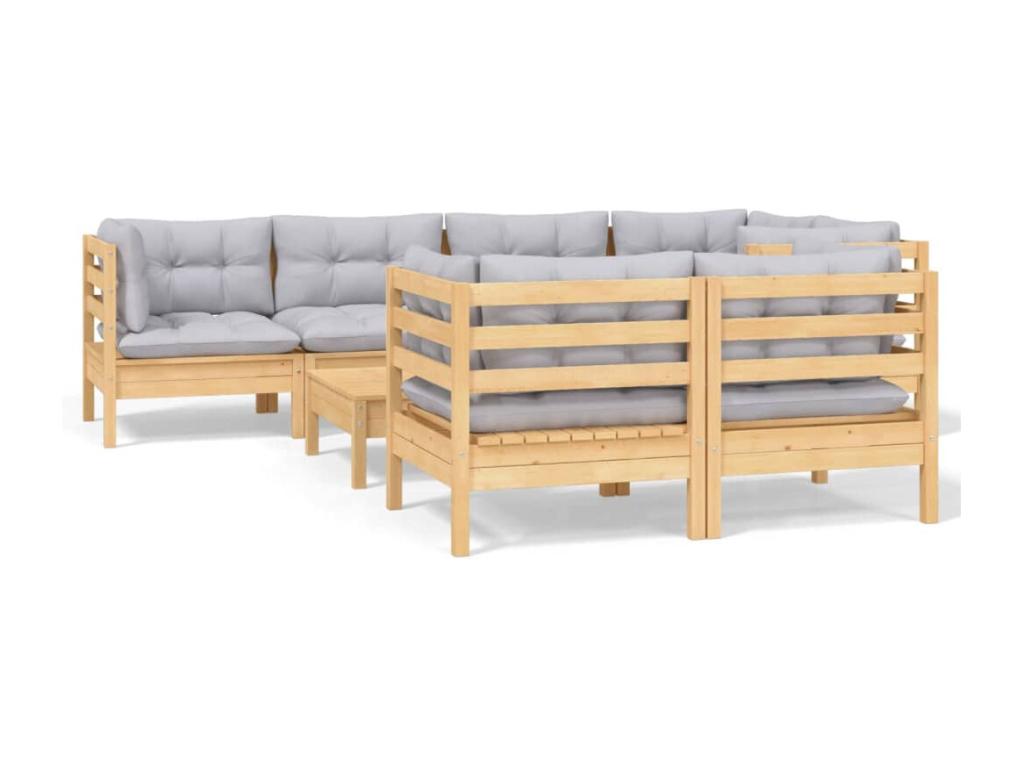 8-piece garden furniture set with grey cushions, solid pine wood, 31795HQTS