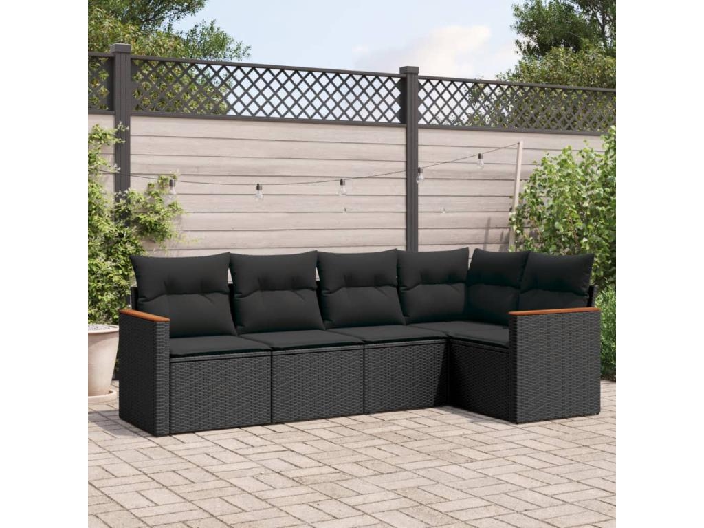 5-piece garden furniture set with cushions, black resin wicker, 62549SKMY