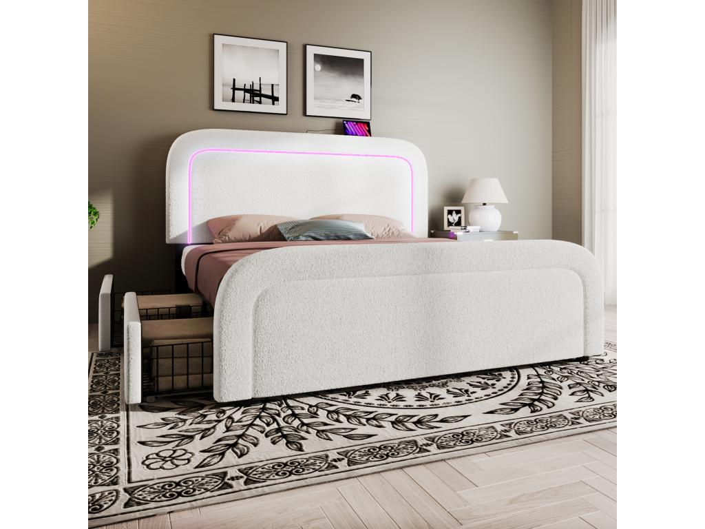 Adult bed 140x200 cm with 2 drawers and adjustable headboard - USB Homelumiere C - Homelumiere fabric - white Mattress