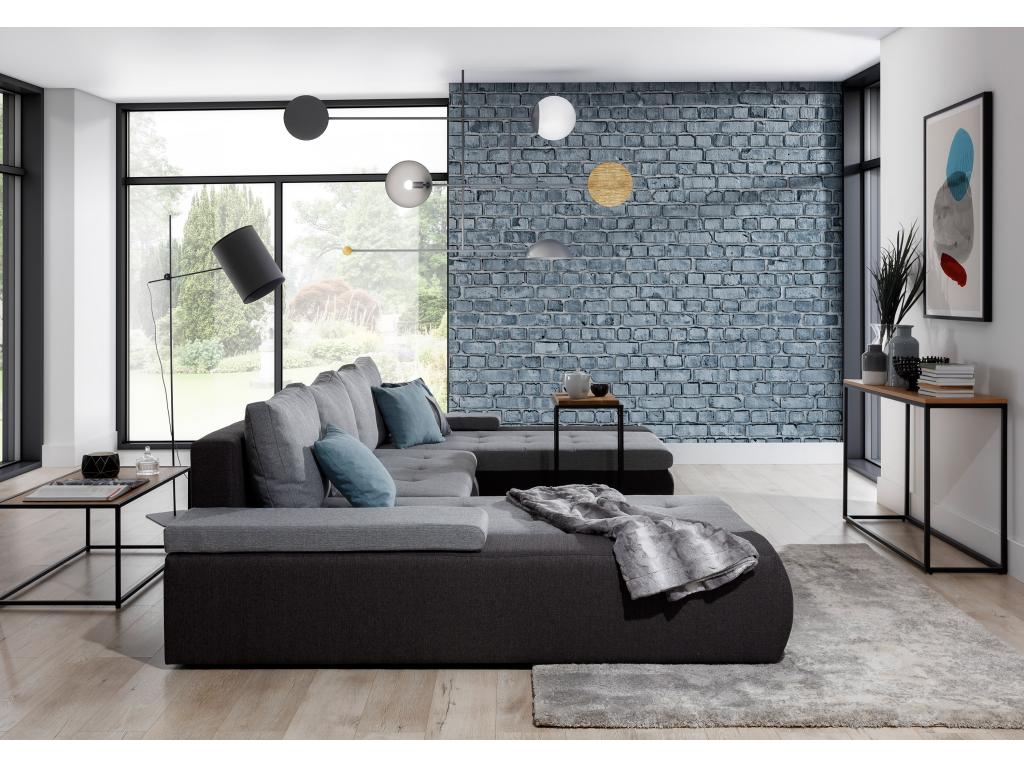 Large panoramic convertible sofa in black mottled fabric and black faux leather with storage compartment, Bohometop, 363cm, 71125UIVY