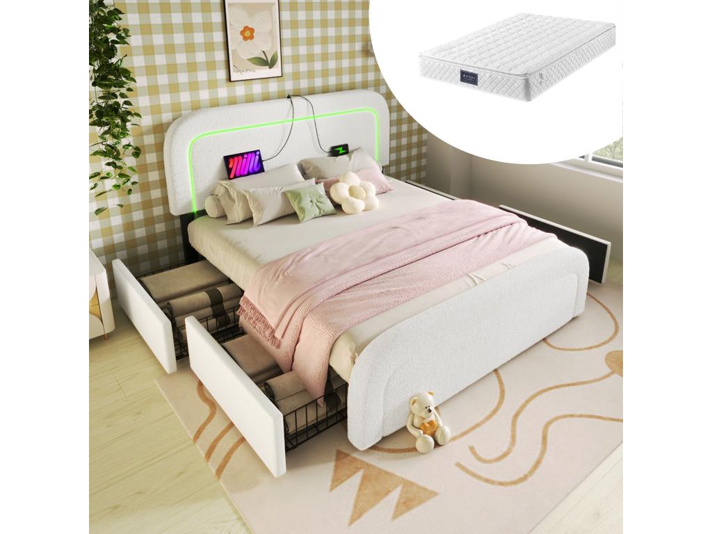 Adult bed 140x200 cm with 2 drawers and adjustable headboard - USB Homelumiere C - Homelumiere fabric - white Mattress