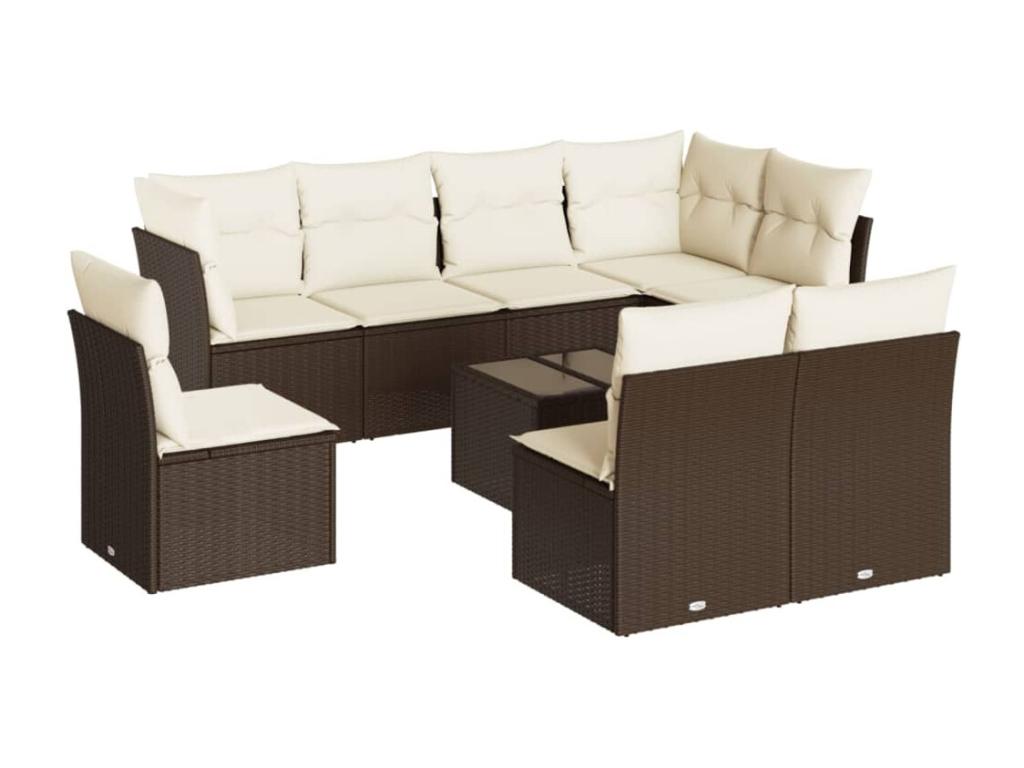 9-piece garden furniture set with cushions, brown woven resin