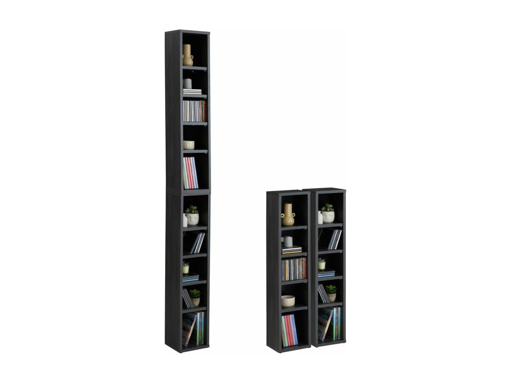Modular MUSIC shelving for CDs and DVDs, set of 2 column storage units with 10 compartments in ash grey melamine