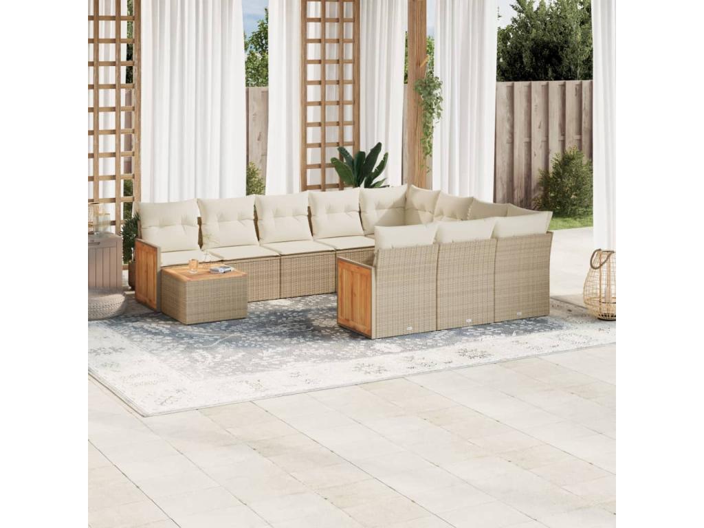 11-piece garden furniture set with beige resin wicker cushions