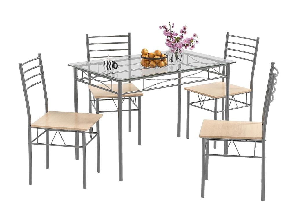 Dining Table and 4 Chairs Set, Metal Frame, Glass Kitchen Table for Dining Room, Kitchen, Restaurant, Living Room 21678EVMF