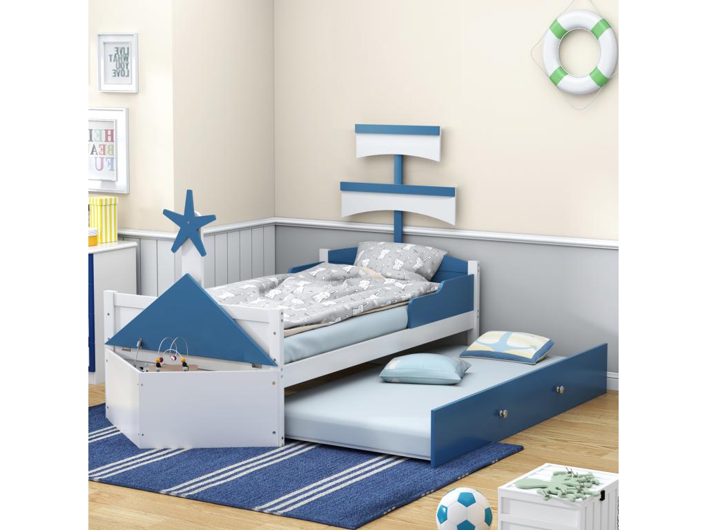 Trundle bed 90x200cm 90x190cm sailboat-shaped bed frame with slatted base at Bohometop blue storage cupboard 77000ZZAU