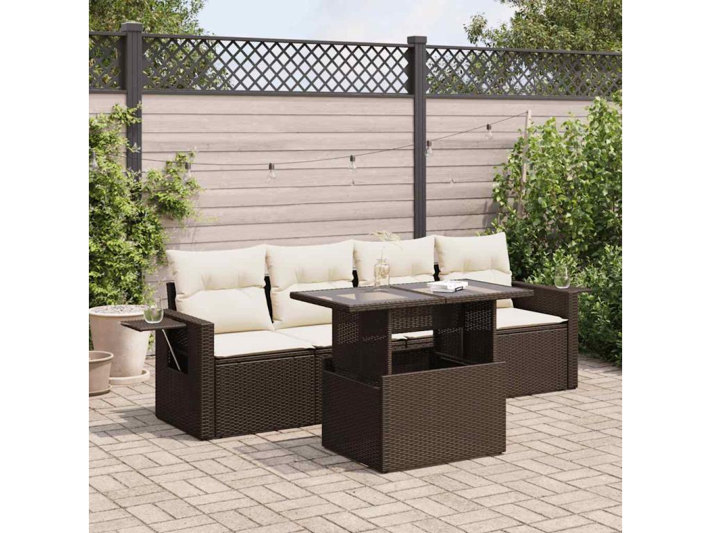 Garden furniture set with cushions, 5 pieces, brown woven resin