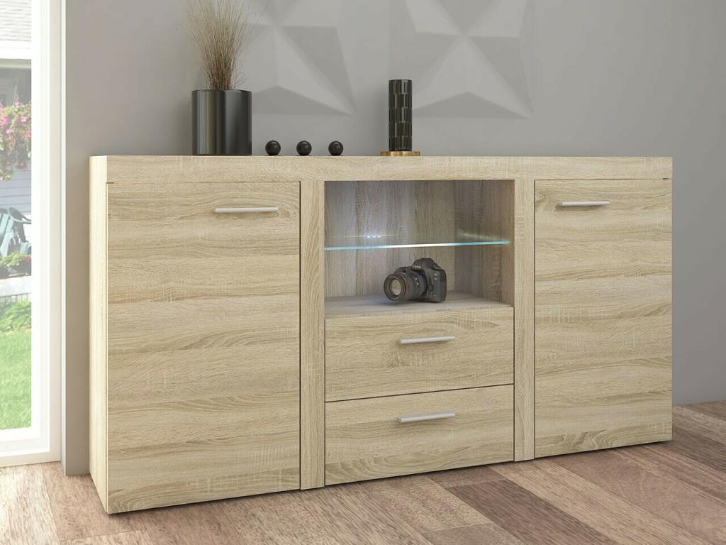 Homelumiere 104 Chest of Drawers, Oak Finish, with Drawers and Doors, 2 Drawers, 82x157cm