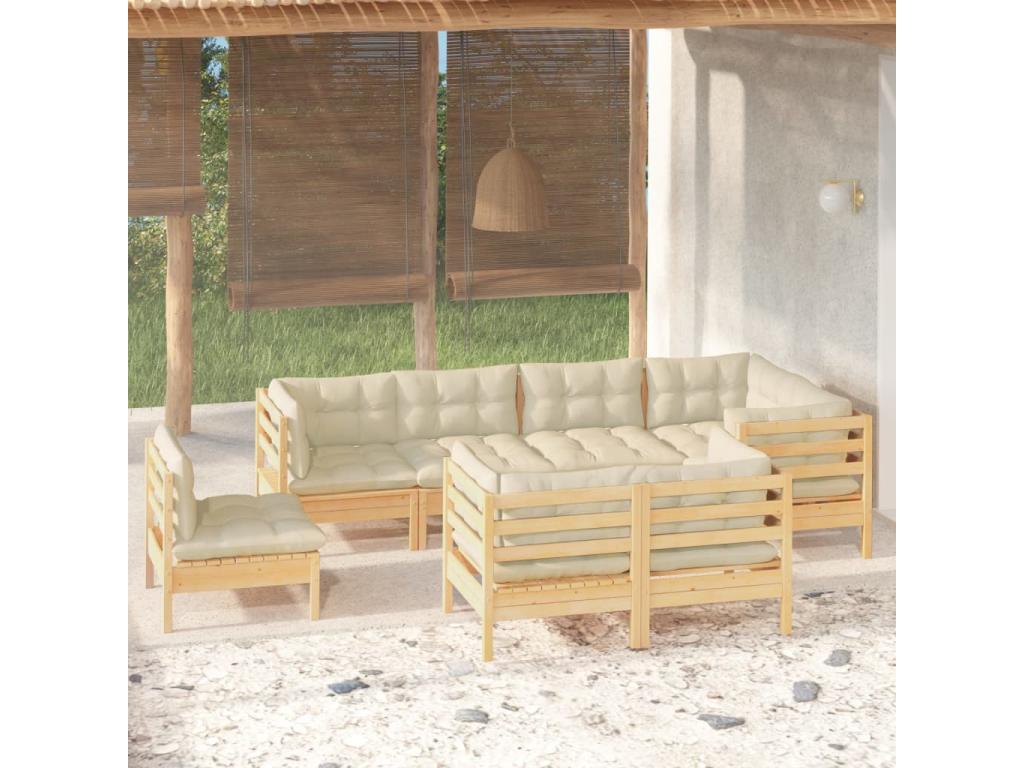 8-piece garden furniture set with cream cushions, solid pine wood