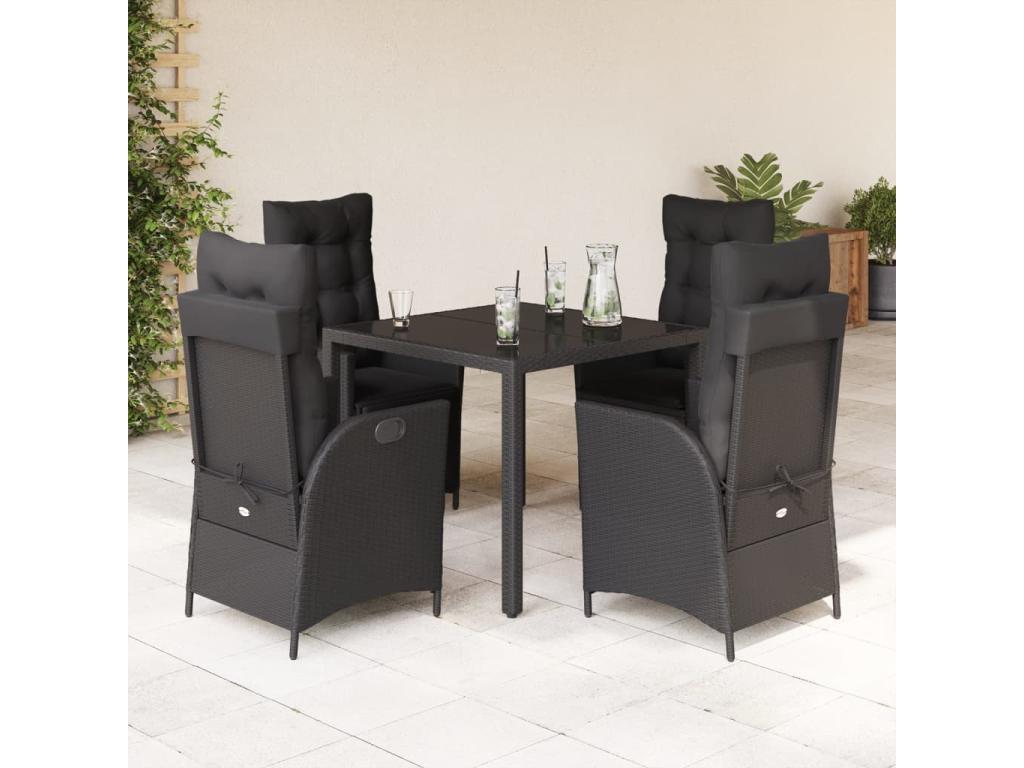 5-piece garden dining set with cushions, black woven resin