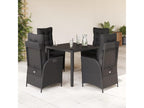5-piece garden dining set with cushions, black woven resin
