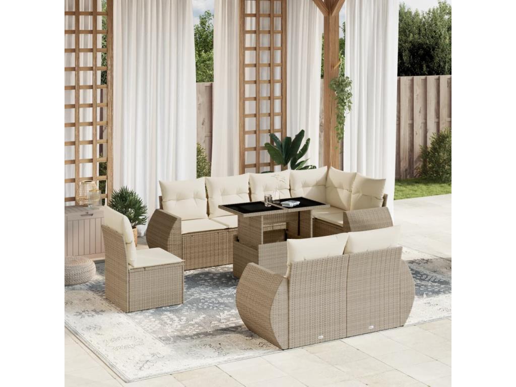 9-piece garden furniture set with cushions, beige woven resin, 44557KQYD