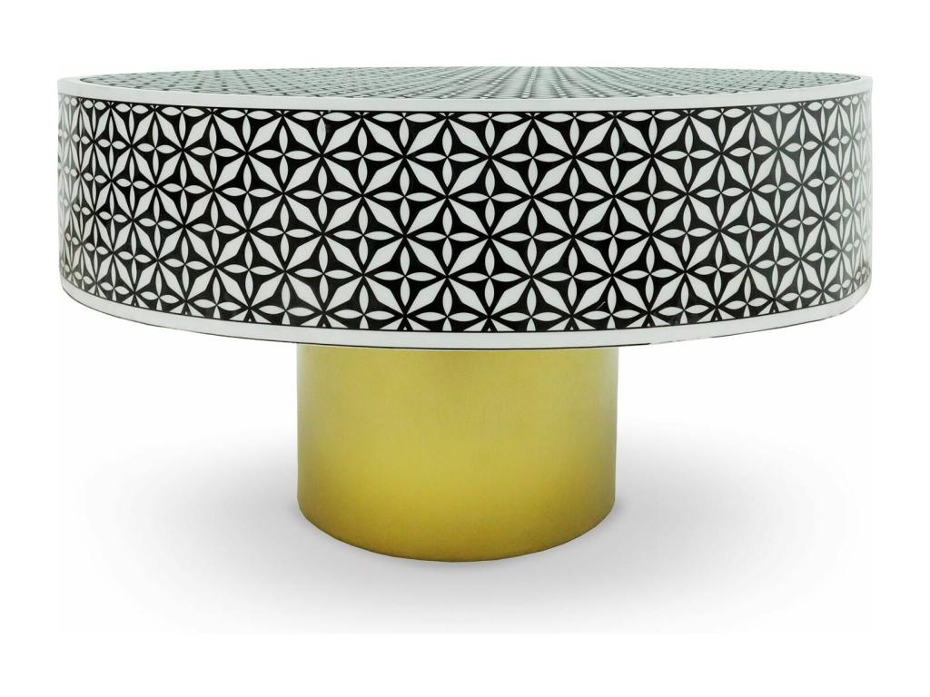 Homelumiere style round coffee table, 71cm, Homelumiere geometric pattern, black and gold legs