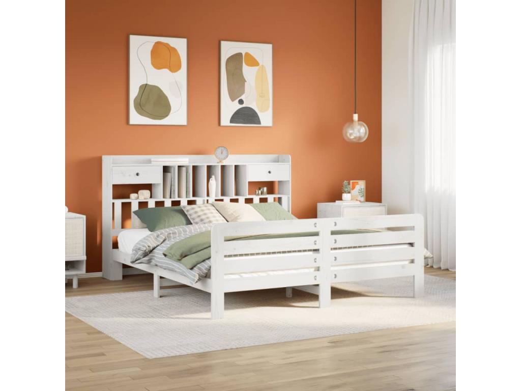 White bookcase bed without mattress, 200x200 cm, solid pine wood, 30725HELE