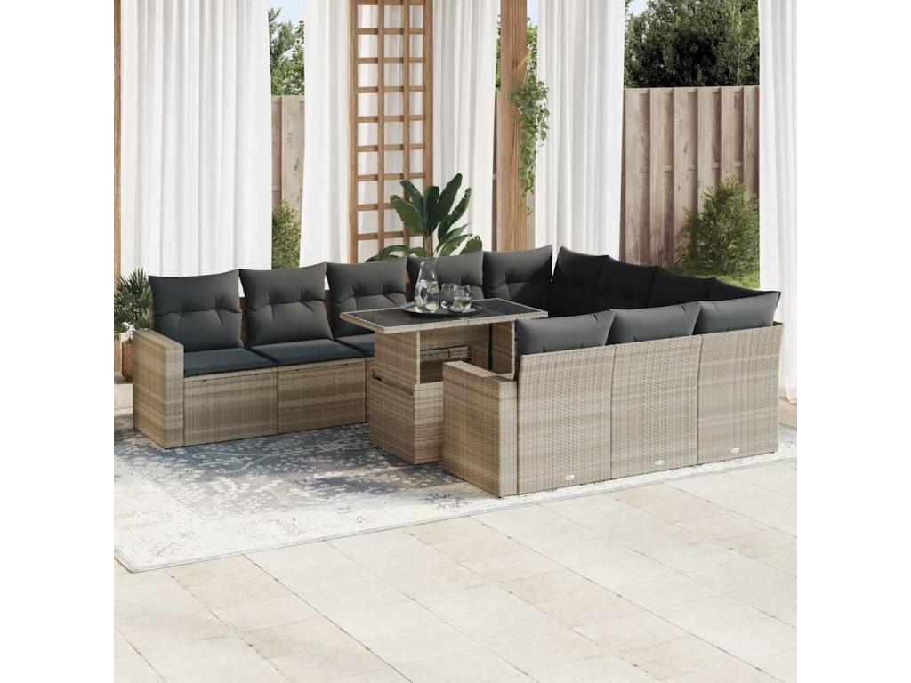 11-piece garden furniture set with light grey cushions, woven resin 93525SCSS