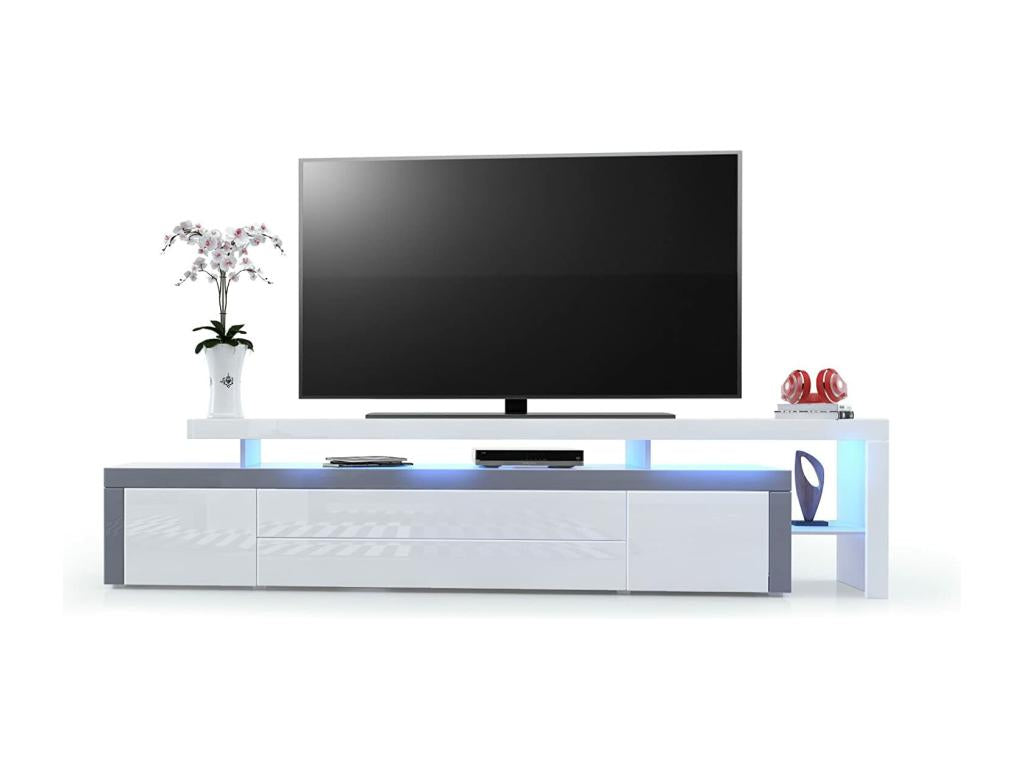 White and grey lacquered TV stand with LED lighting, 52x227x35 cm