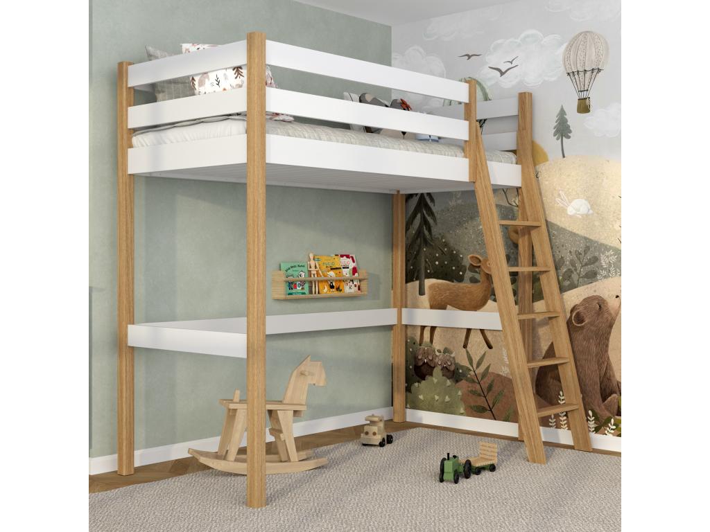 Wooden loft bed N03 White / Natural Oak 120x180