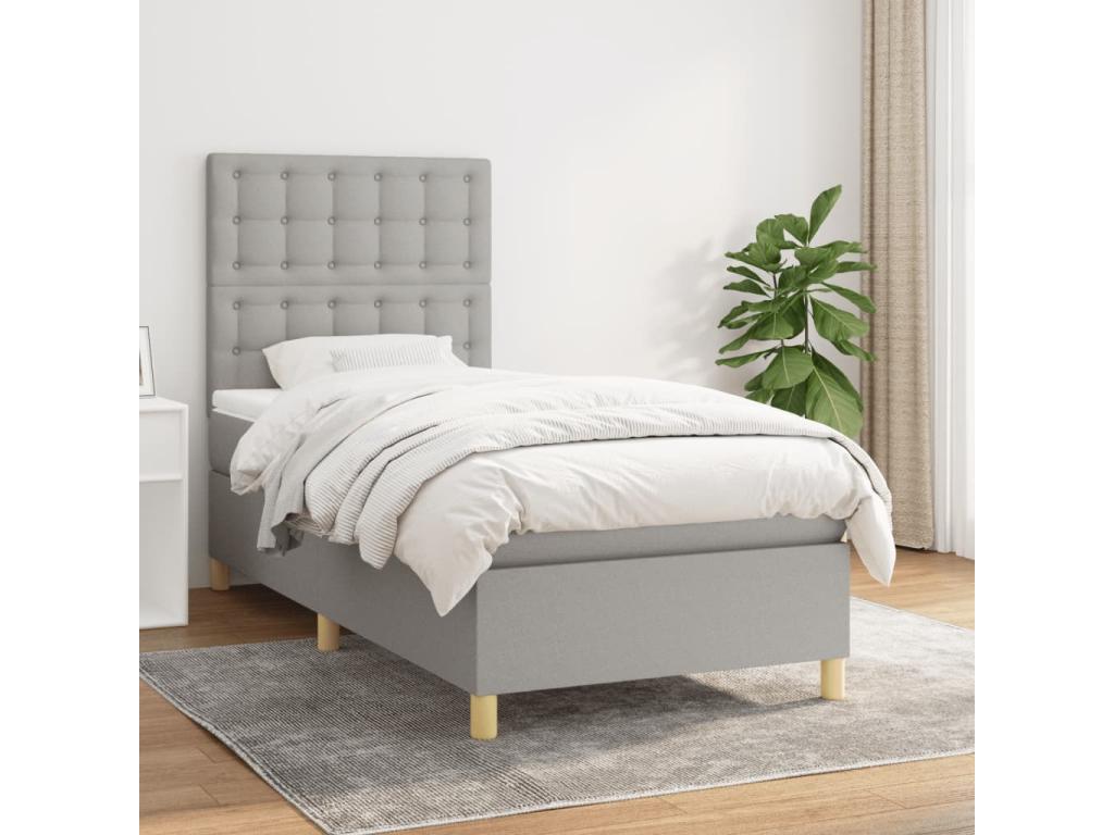 Upholstered bed base with mattress, light grey, 100x200cm, fabric, 90794QKCC