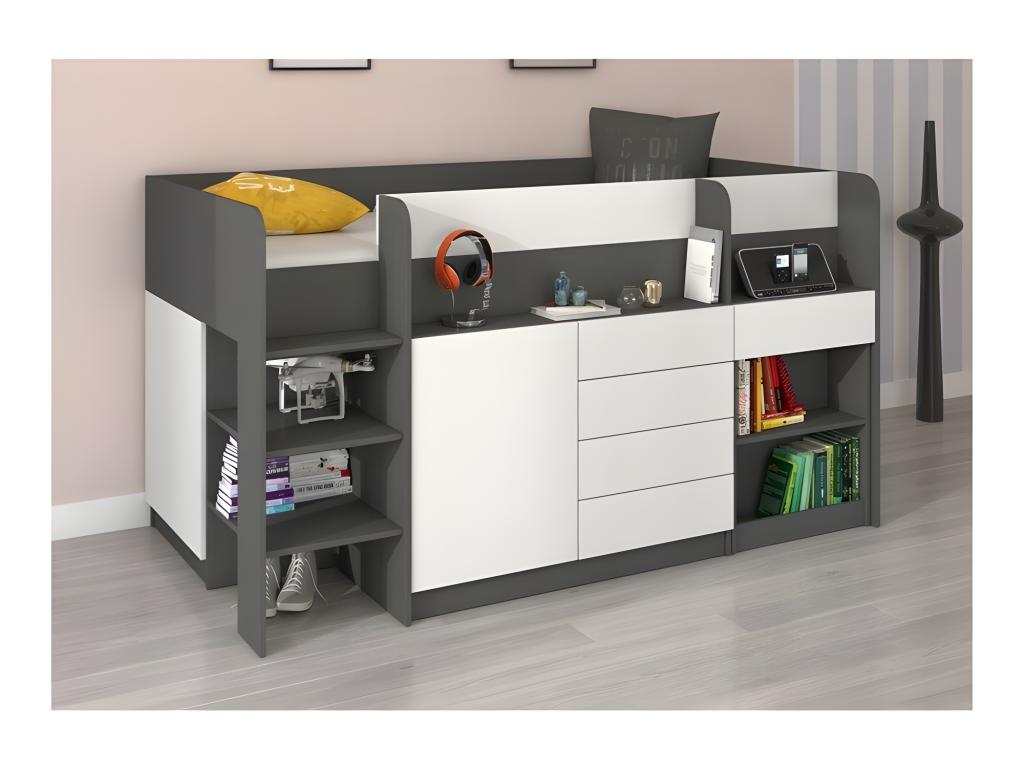 90x200cm Mezzanine Bed with Ladder, Wardrobe, Removable Desk, Bookshelf and Shelves, SMIDA L Graphite/White