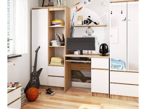 Homelumiere Right-Hand Computer Desk, Oak Finish, 90 cm, 1 Door, 1 Drawer, White Front, 3 Shelves, 90x50x77 cm